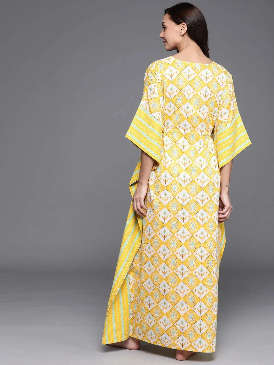 Yellow Printed Cotton Nightdress - Libas 