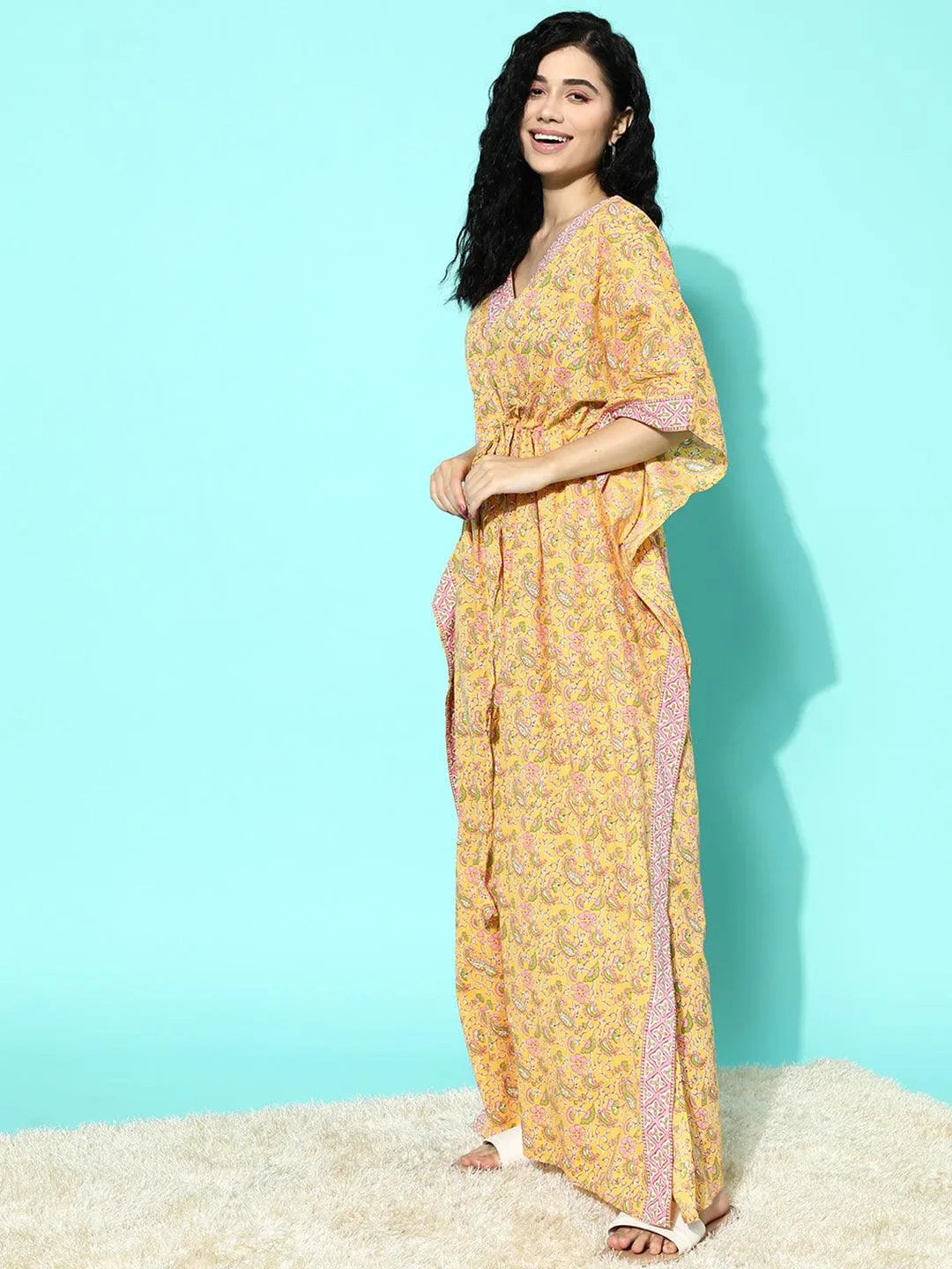 Yellow Printed Cotton Nightdress - Libas 