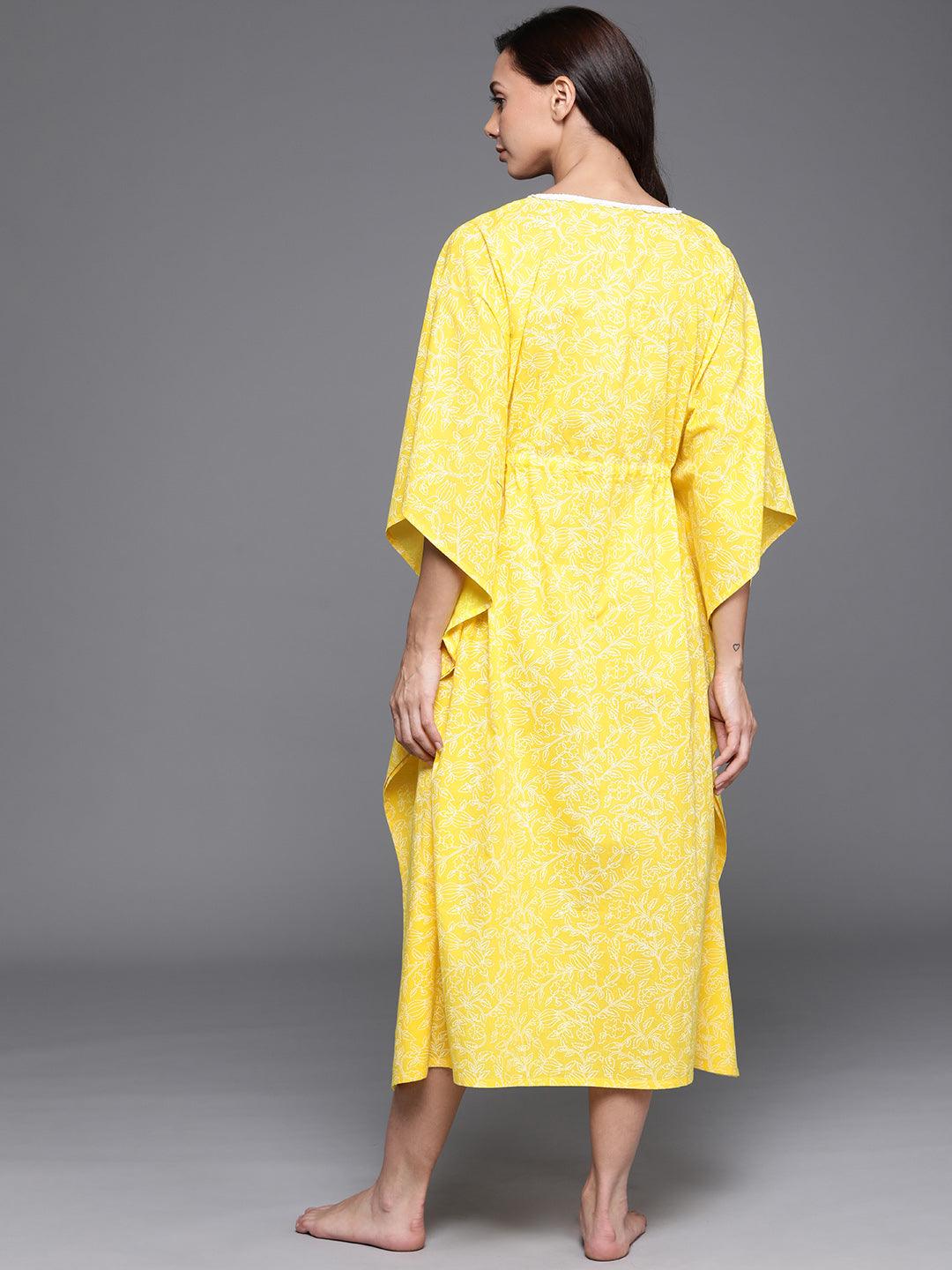 Yellow Printed Cotton Nightdress - Libas