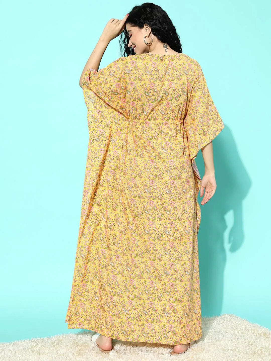 Yellow Printed Cotton Nightdress - Libas 