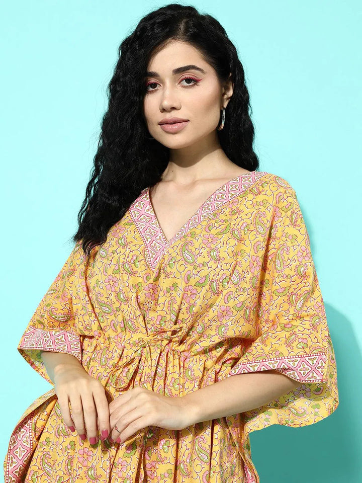 Yellow Printed Cotton Nightdress - Libas