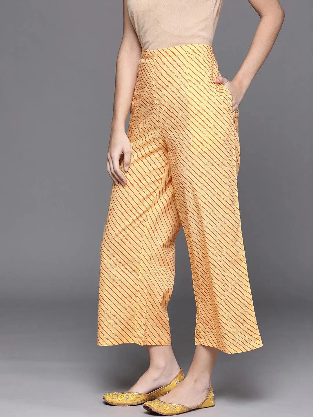Yellow Printed Cotton Palazzos - Libas 