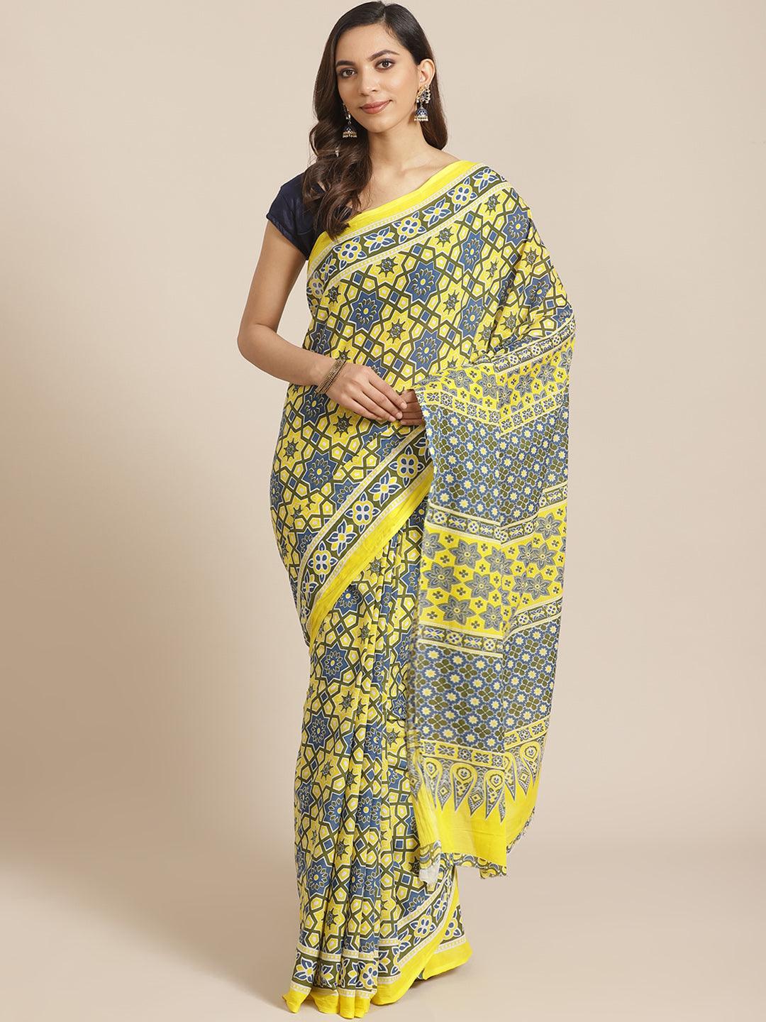 Yellow Printed Cotton Saree - Libas