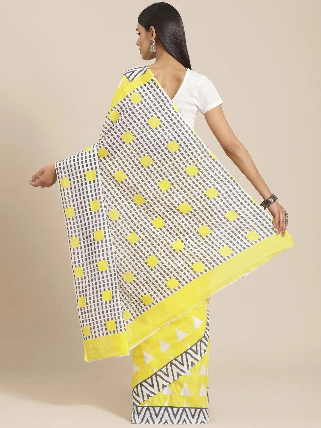 Yellow Printed Cotton Saree - Libas 