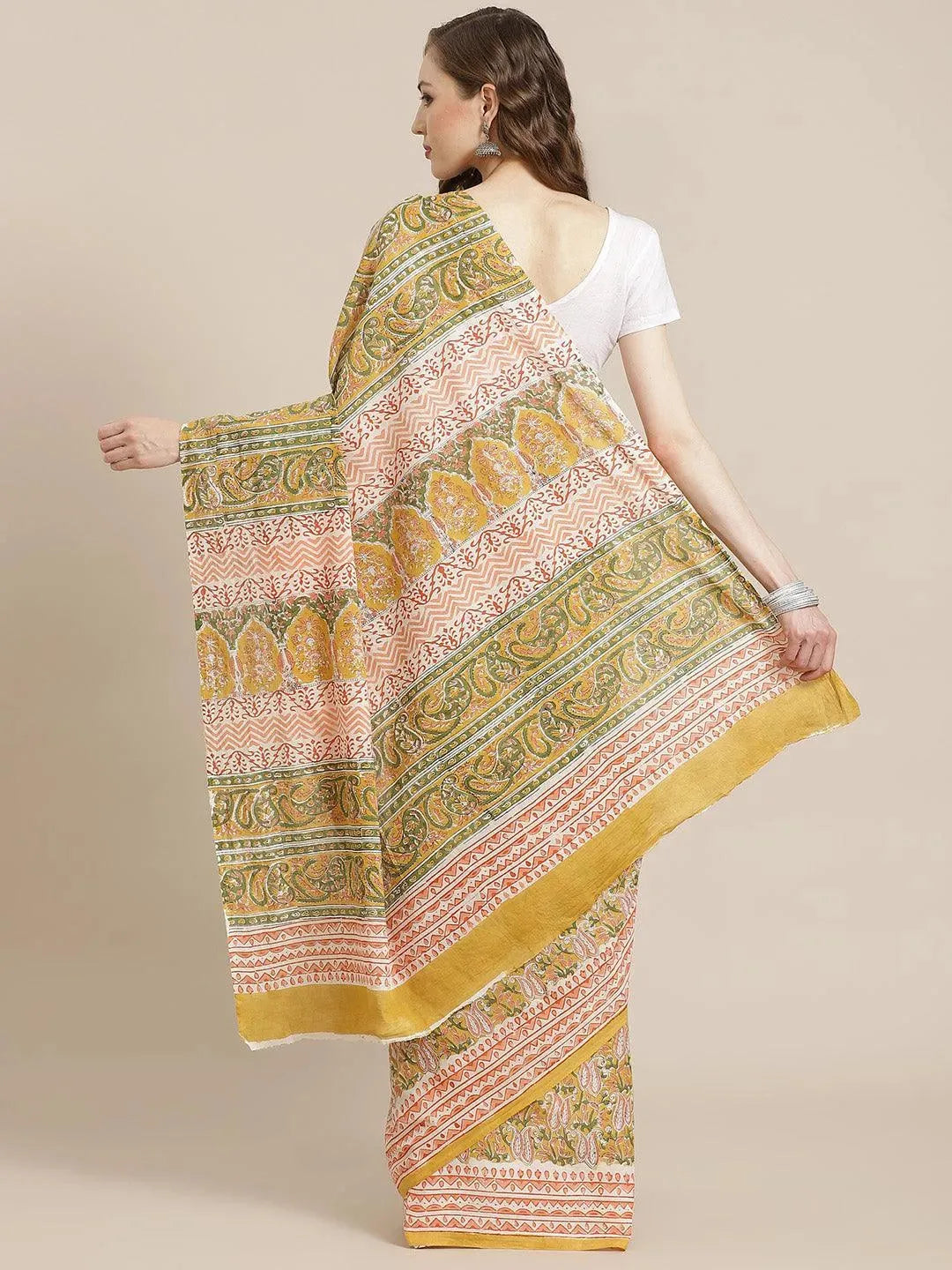 Yellow Printed Cotton Saree - Libas 
