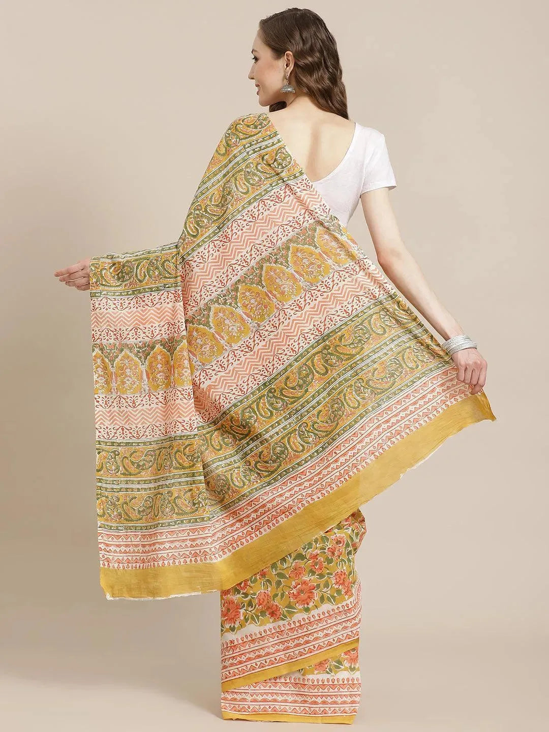 Yellow Printed Cotton Saree - Libas 