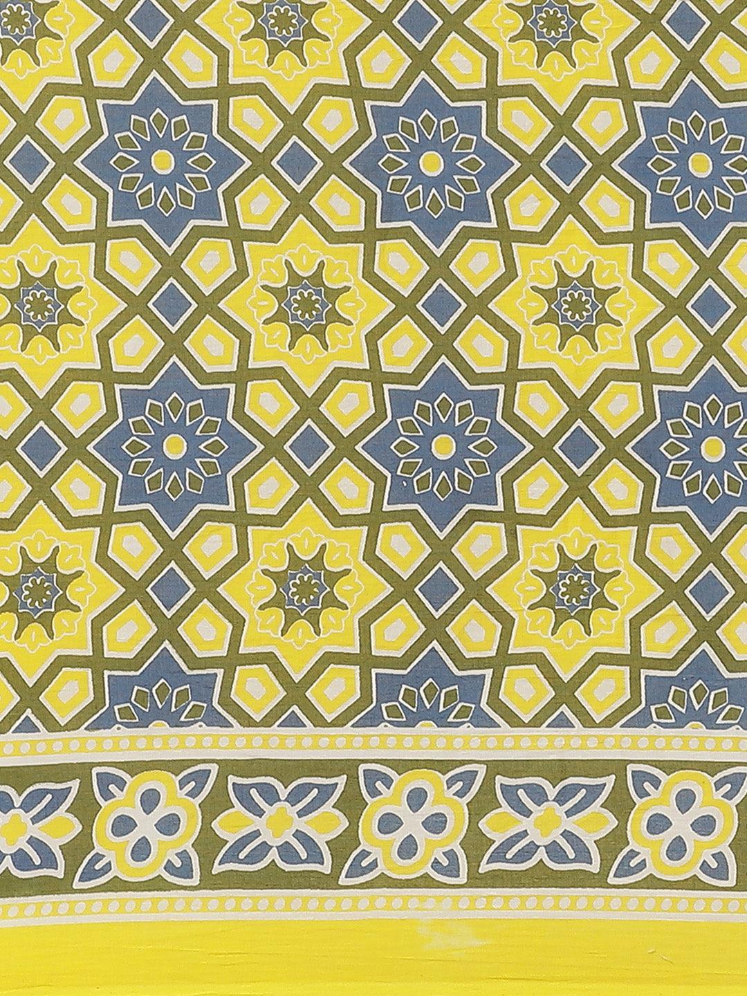 Yellow Printed Cotton Saree - Libas