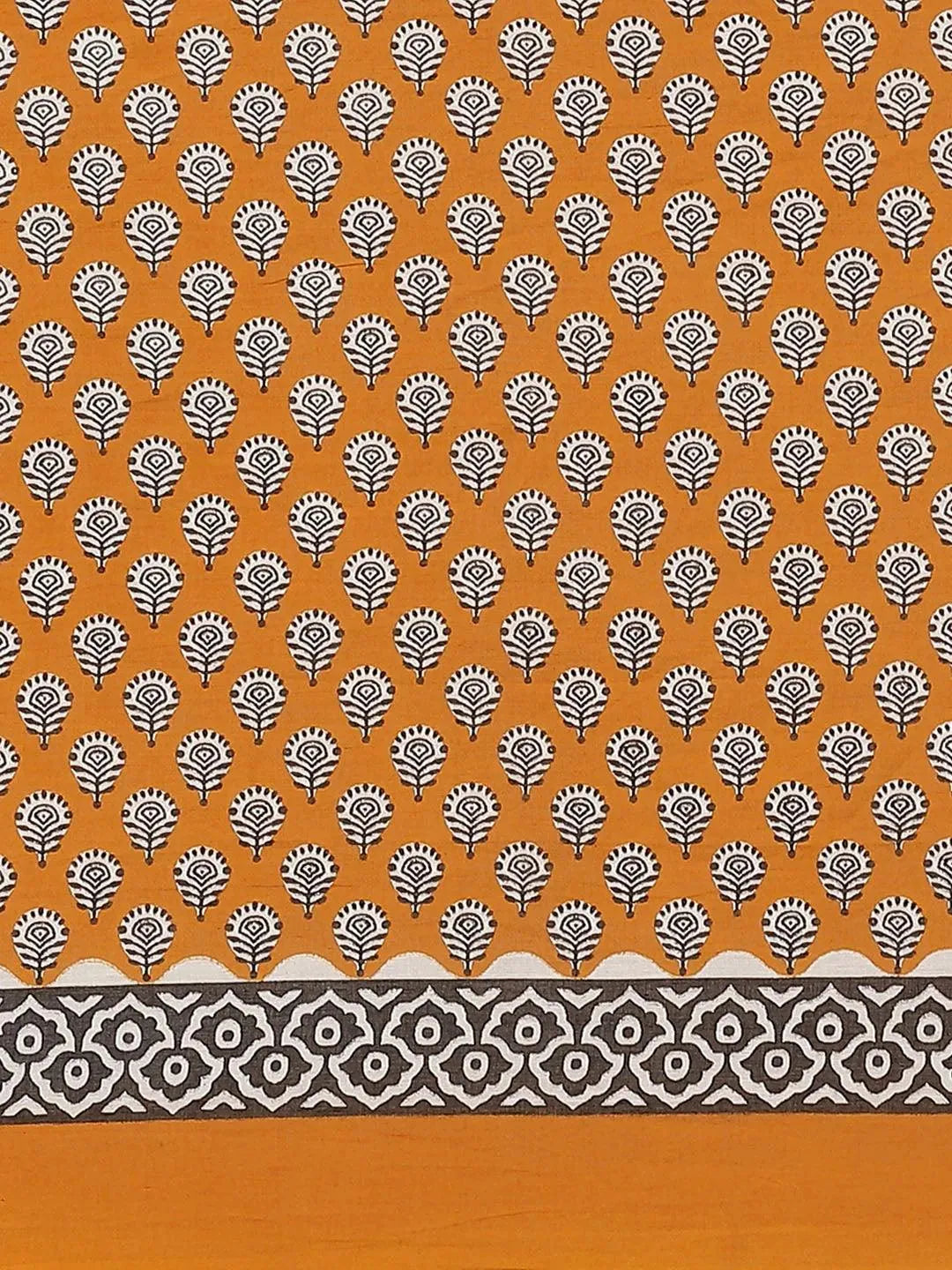 Yellow Printed Cotton Saree - Libas 