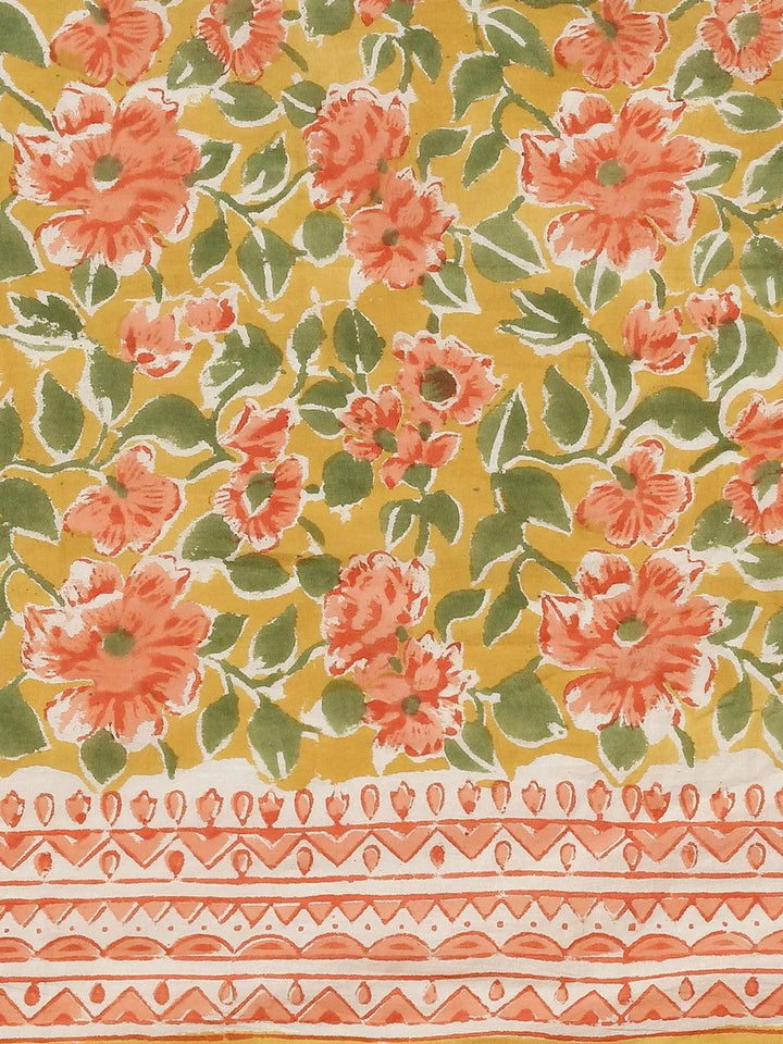Yellow Printed Cotton Saree - Libas