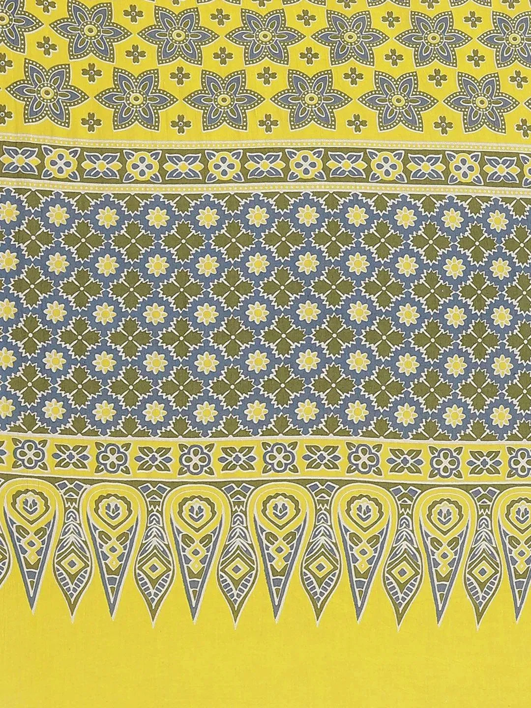 Yellow Printed Cotton Saree - Libas 