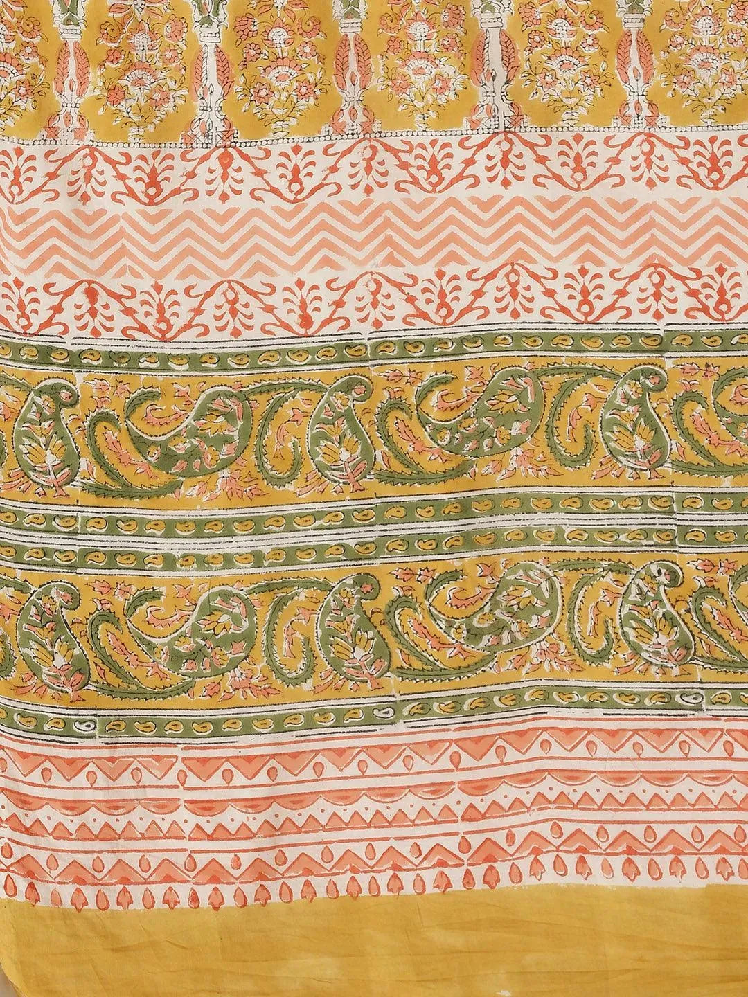 Yellow Printed Cotton Saree - Libas 