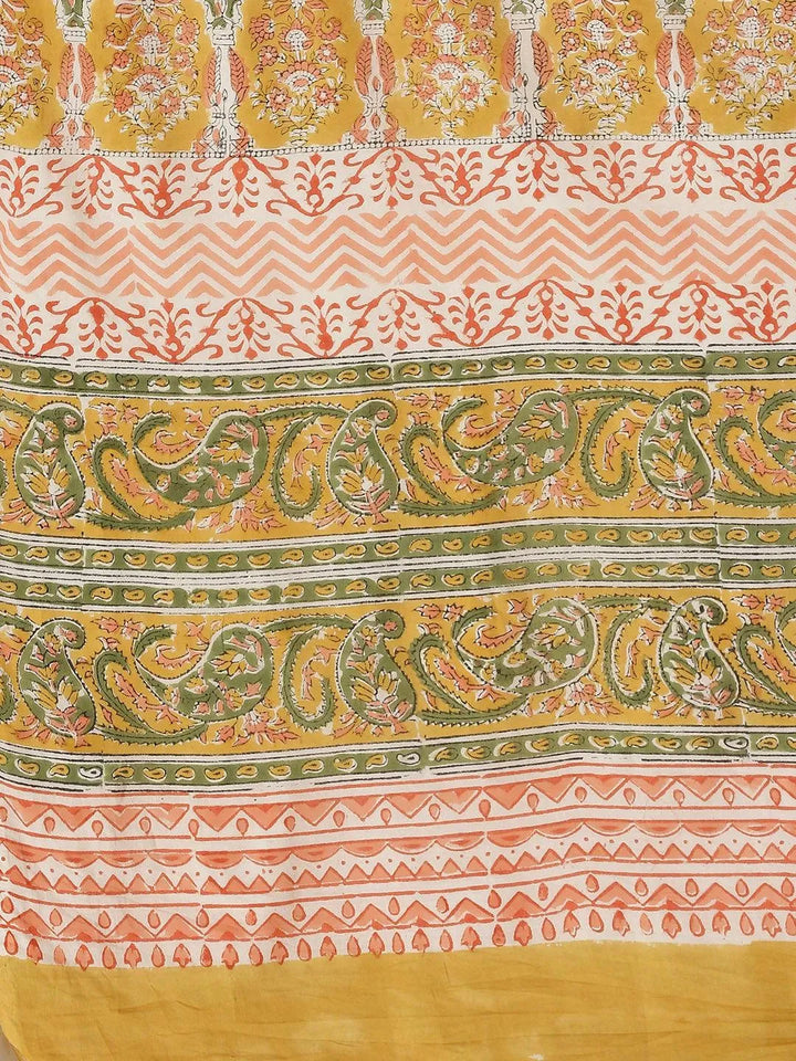 Yellow Printed Cotton Saree - Libas