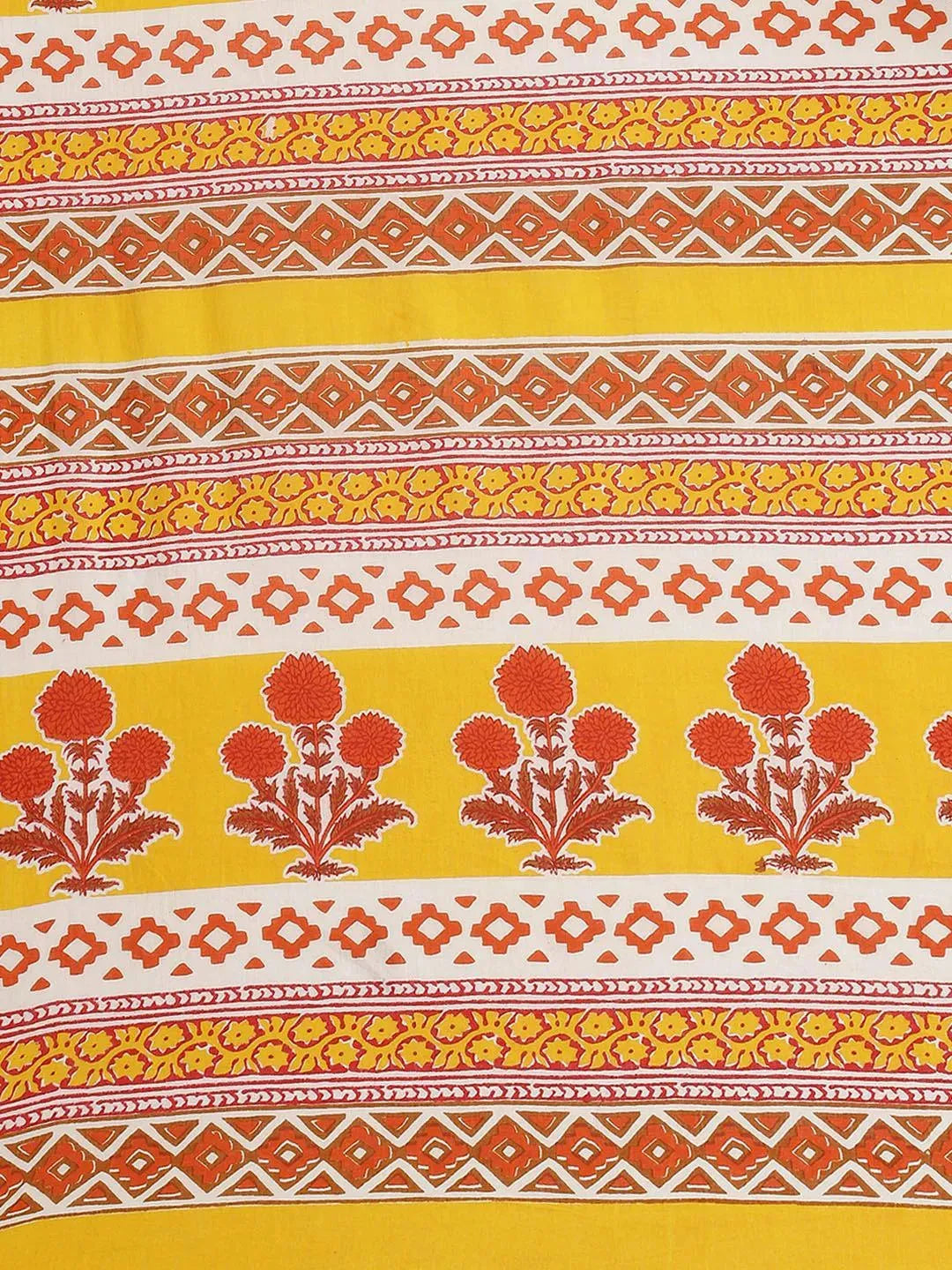 Yellow Printed Cotton Saree - Libas 