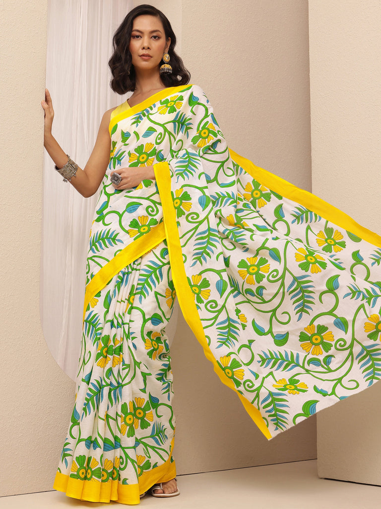 Libas Yellow Printed Cotton Saree With Unstitched Blouse Piece