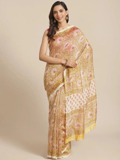 Yellow Printed Cotton Silk Saree - Libas