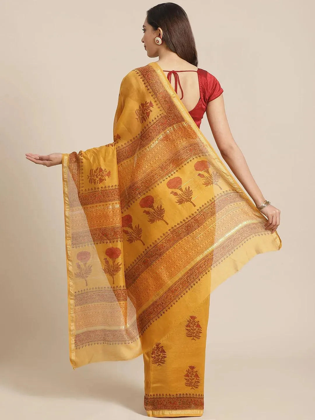 Yellow Printed Cotton Silk Saree - Libas