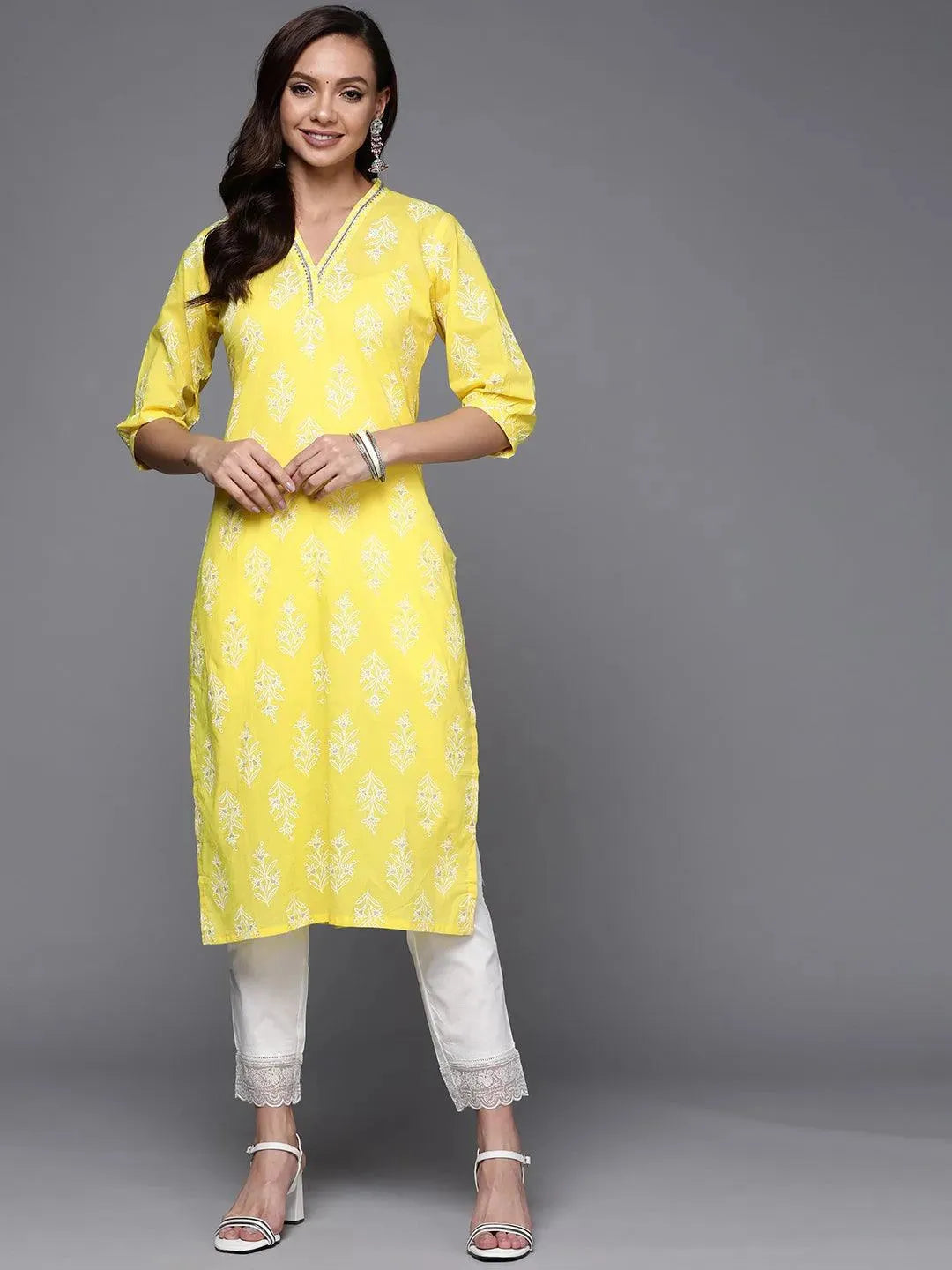 

Yellow Printed Cotton Straight Kurta