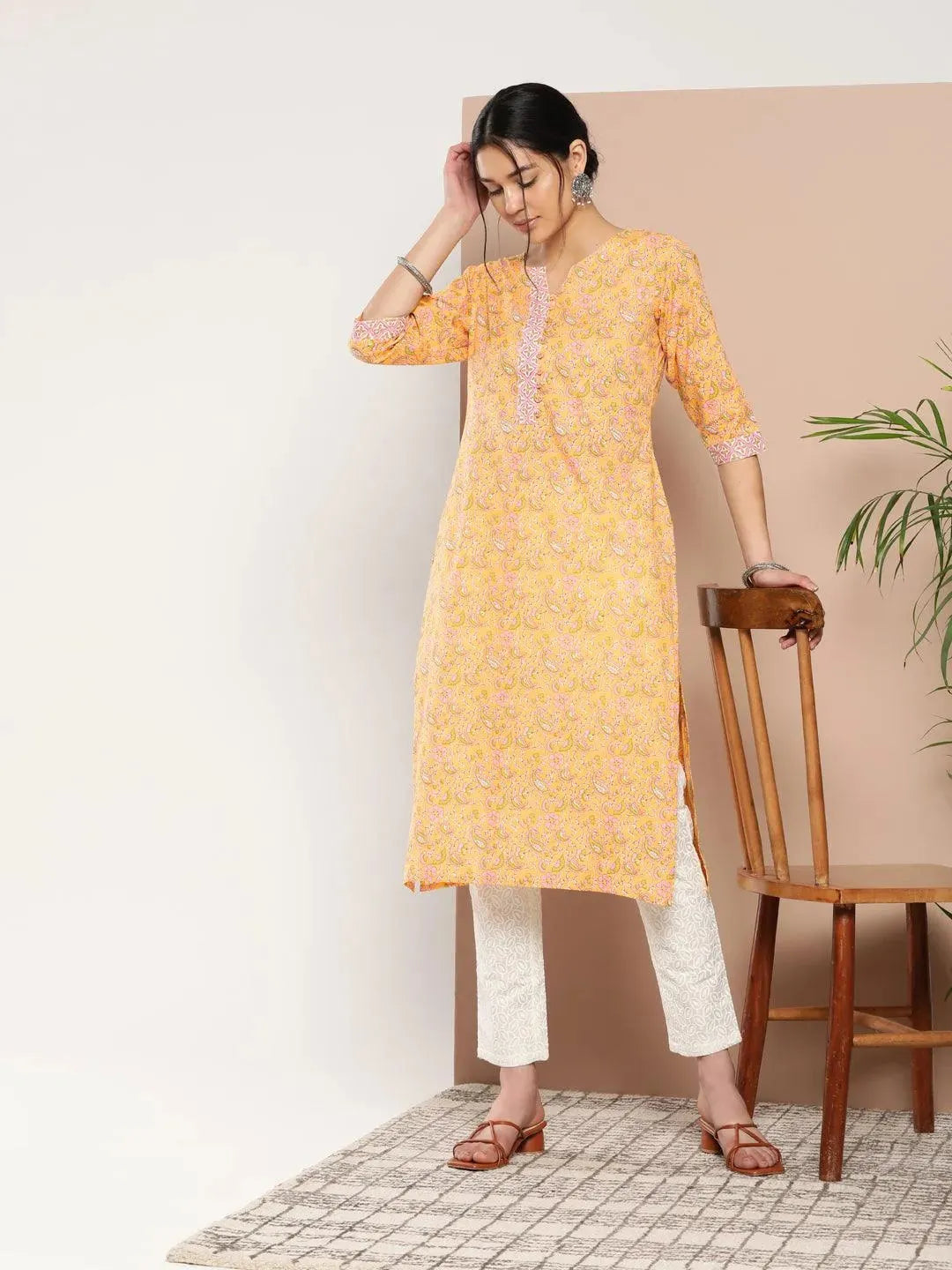 Yellow Printed Cotton Straight Kurta - Libas