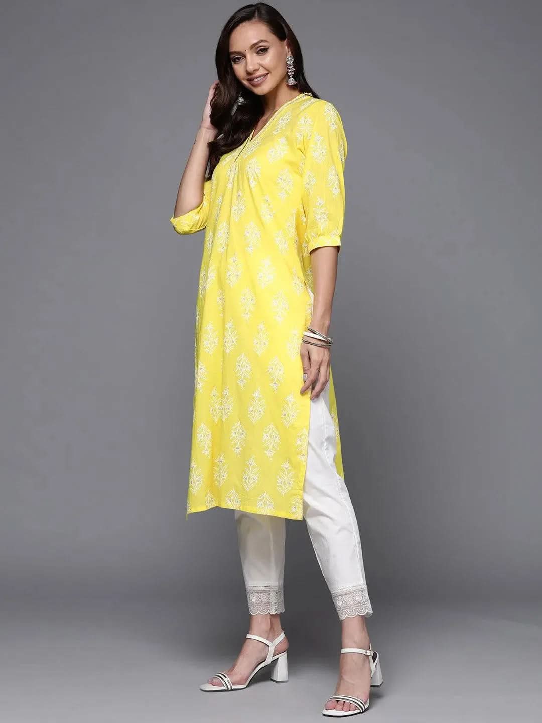 Yellow Printed Cotton Straight Kurta - Libas 