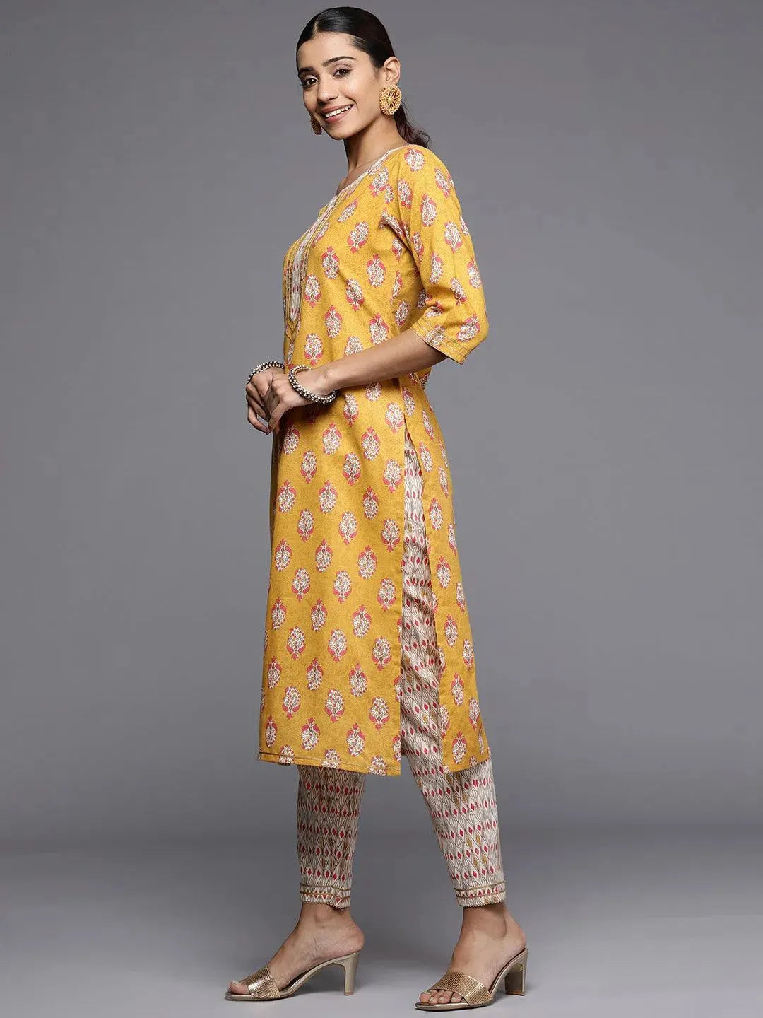 Yellow Printed Cotton Straight Kurta - Libas 