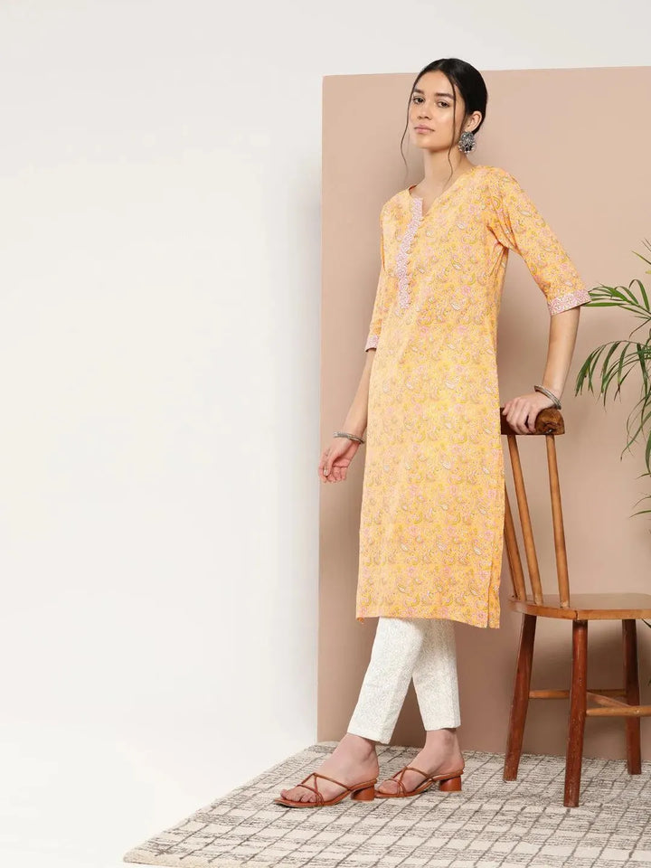 Yellow Printed Cotton Straight Kurta - Libas