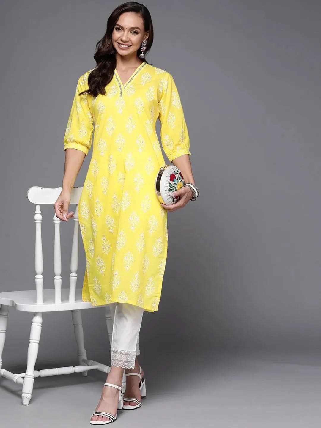 Yellow Printed Cotton Straight Kurta - Libas 