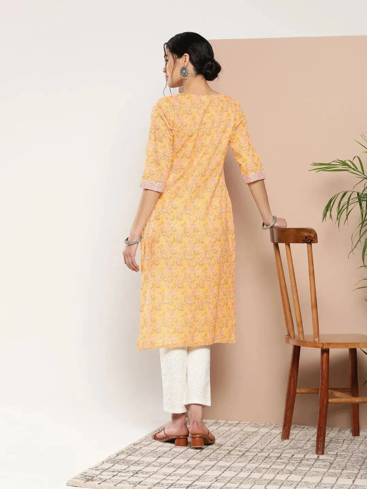 Yellow Printed Cotton Straight Kurta - Libas
