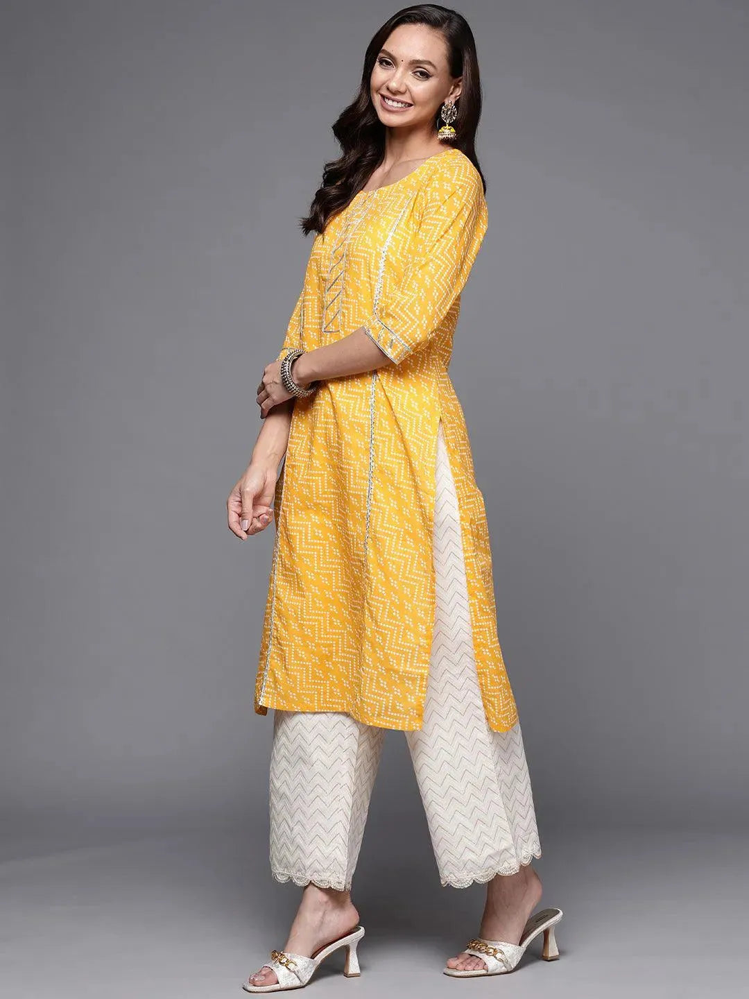 Yellow Printed Cotton Straight Kurta - Libas 