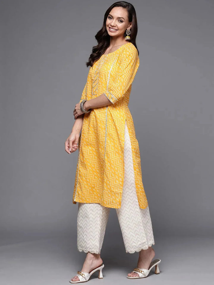 Yellow Printed Cotton Straight Kurta - Libas
