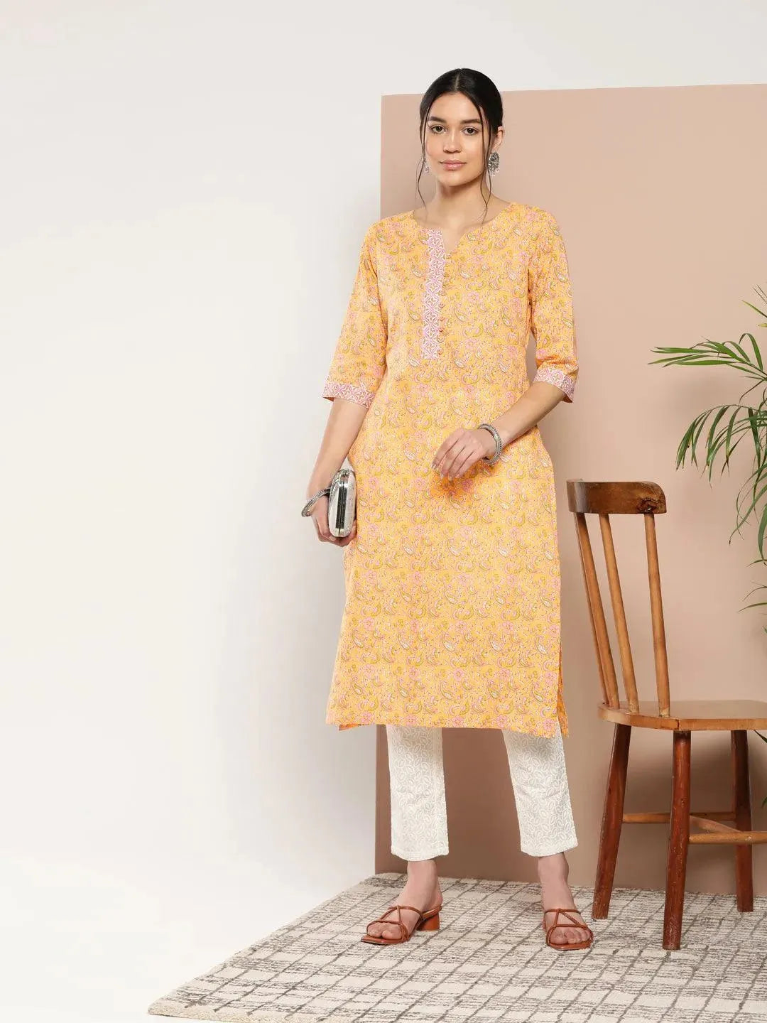 Yellow Printed Cotton Straight Kurta - Libas 