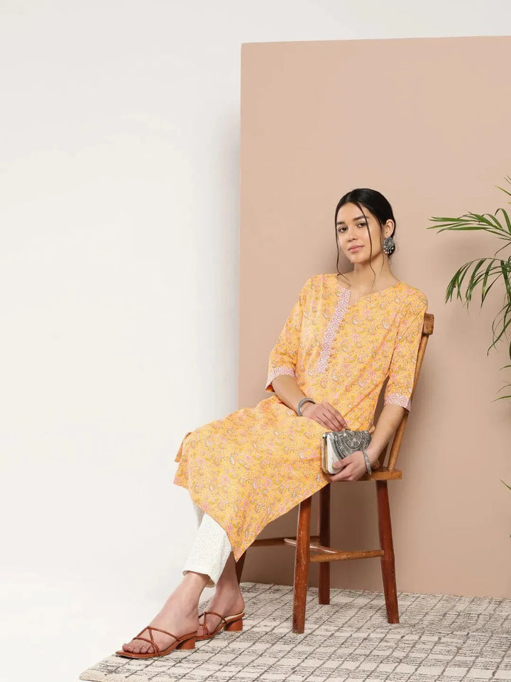 Yellow Printed Cotton Straight Kurta - Libas