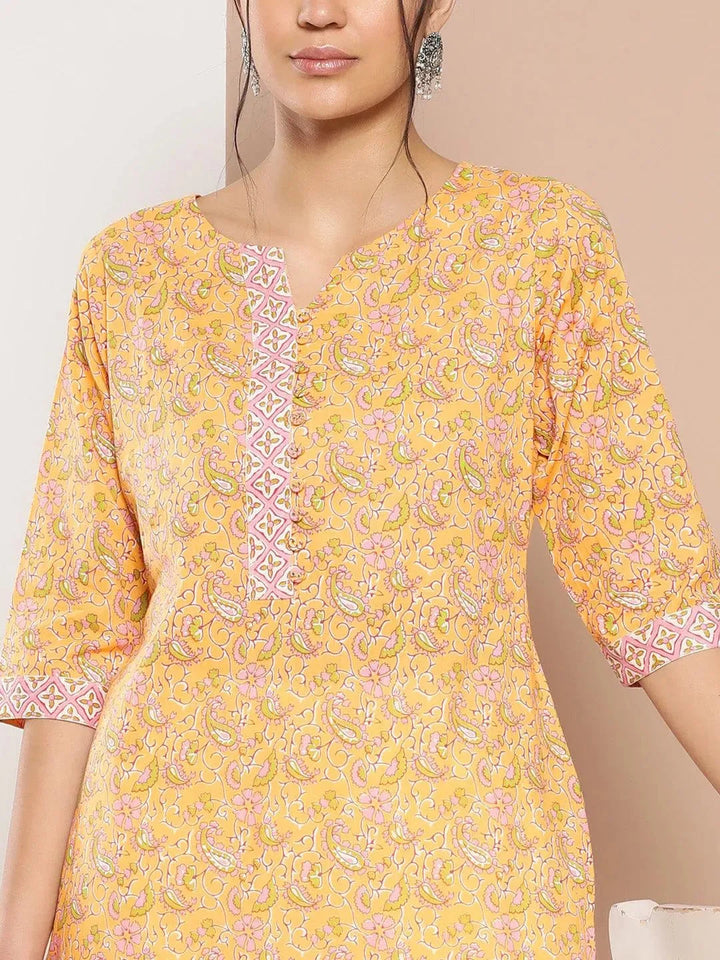 Yellow Printed Cotton Straight Kurta - Libas