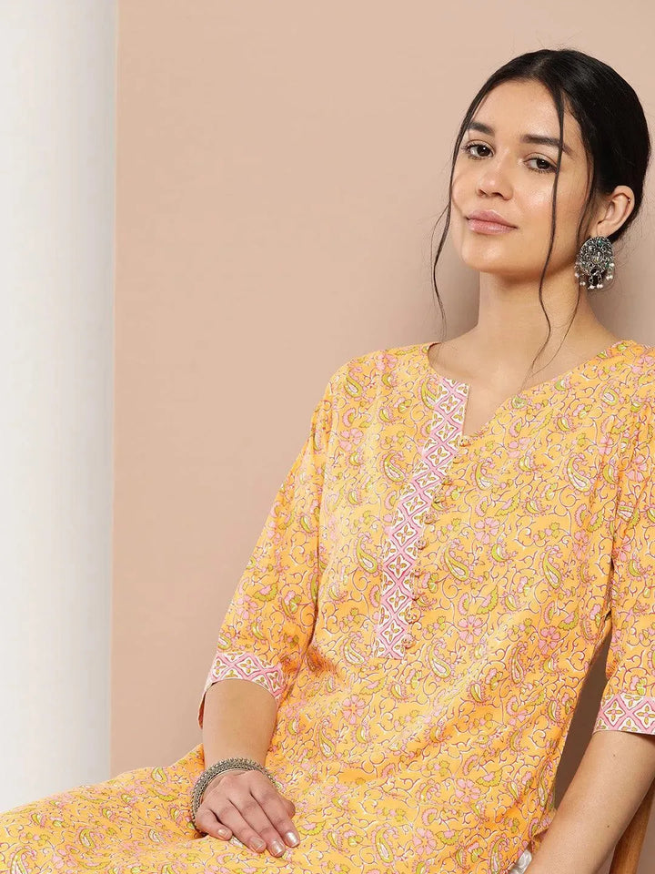 Yellow Printed Cotton Straight Kurta - Libas