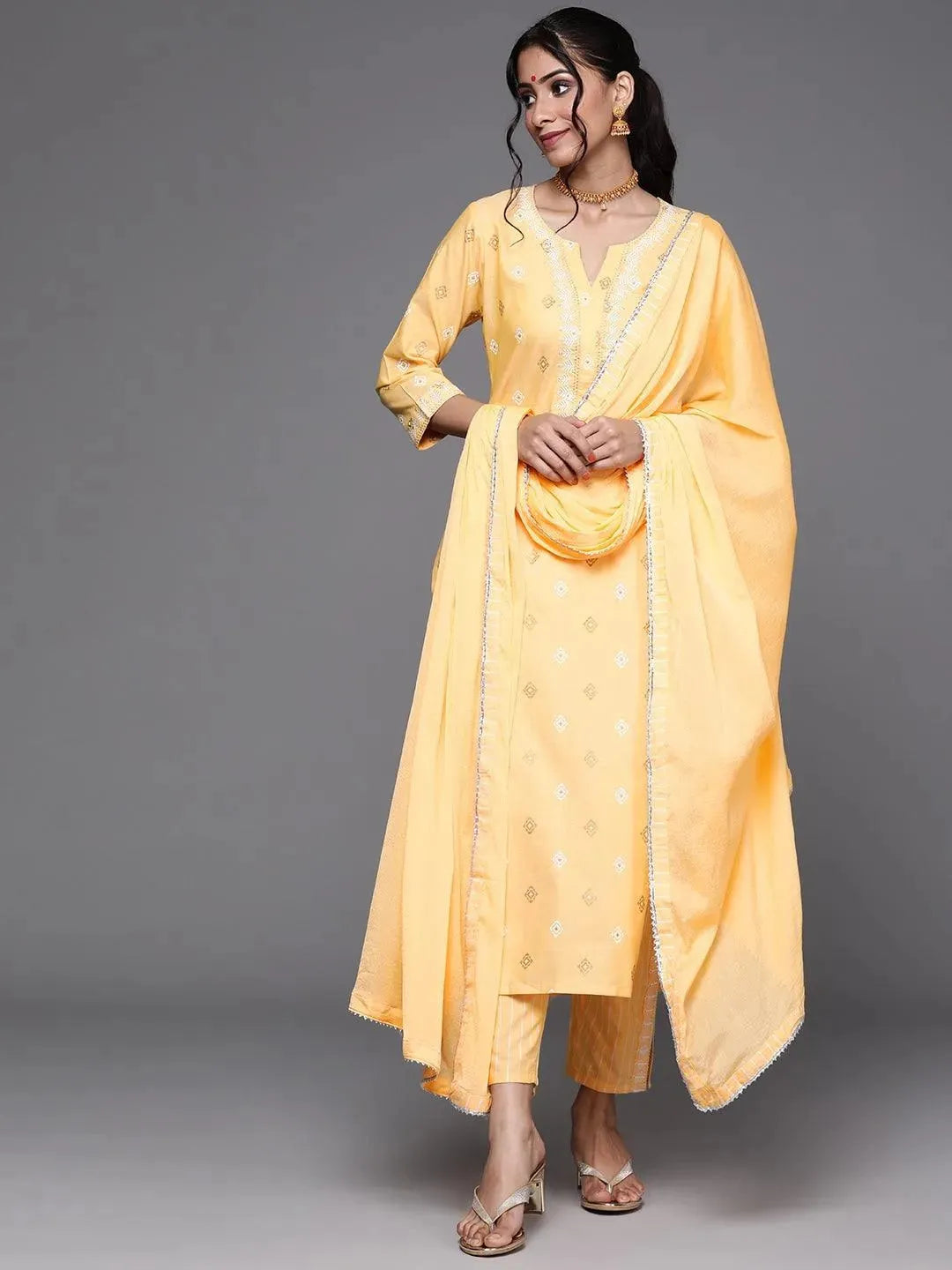 Yellow Printed Cotton Suit Set - Libas