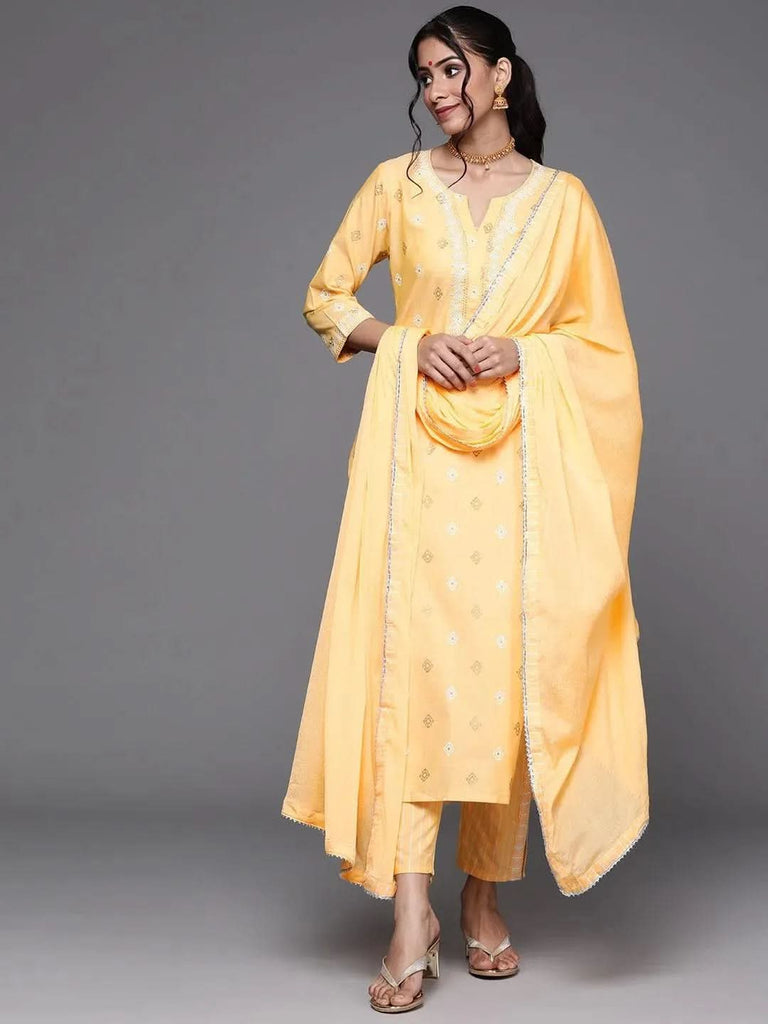Libas Yellow Printed Cotton Straight Kurta With Dupatta