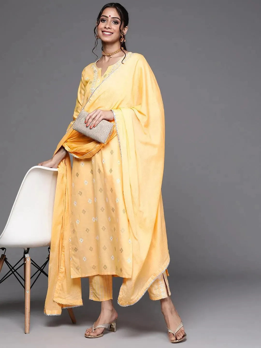 Yellow Printed Cotton Suit Set - Libas