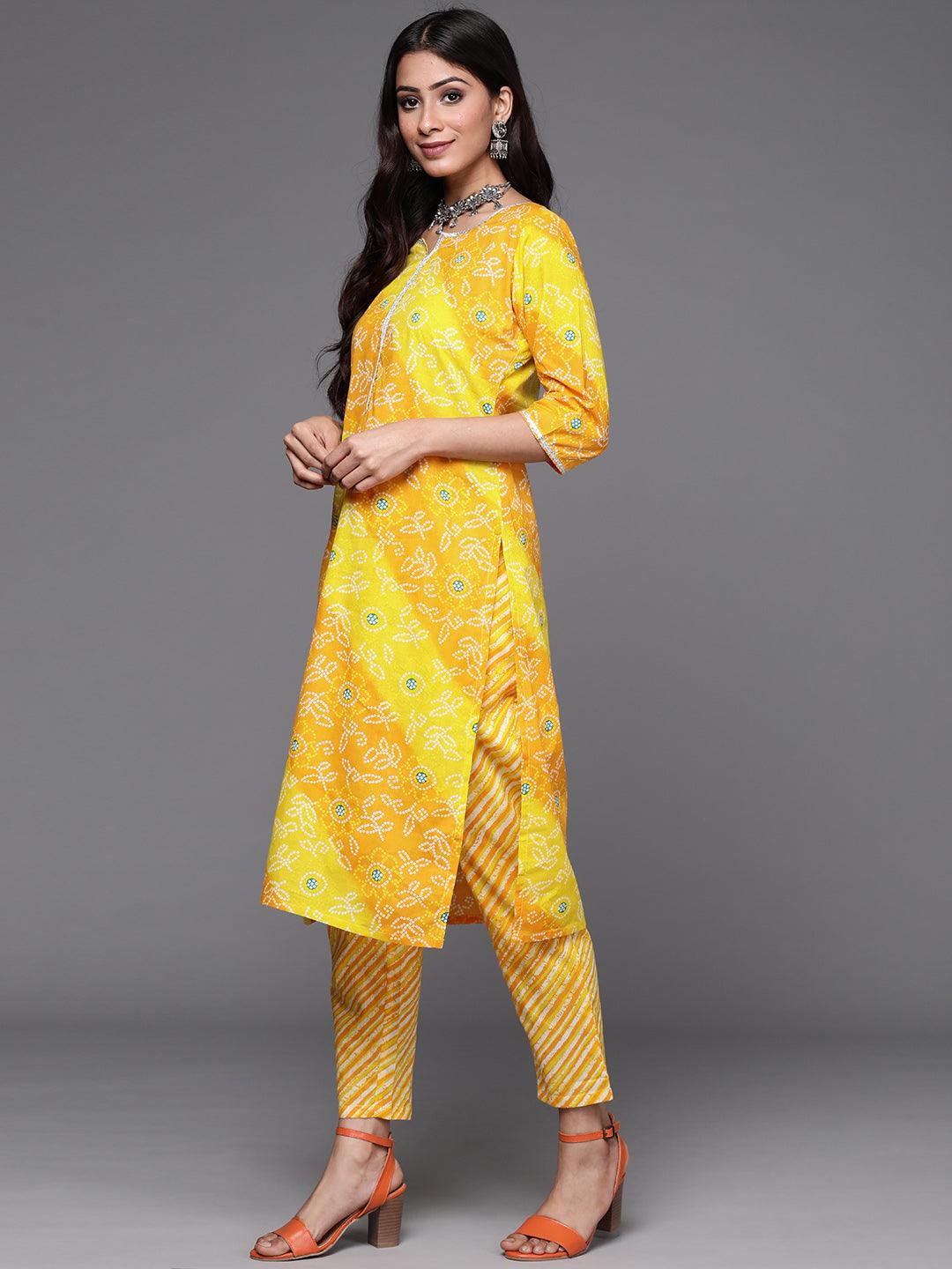 Yellow Printed Cotton Straight Kurta With Dupatta