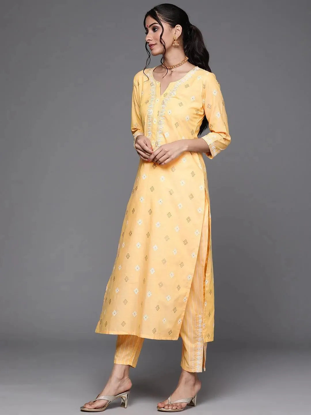 Yellow Printed Cotton Suit Set - Libas