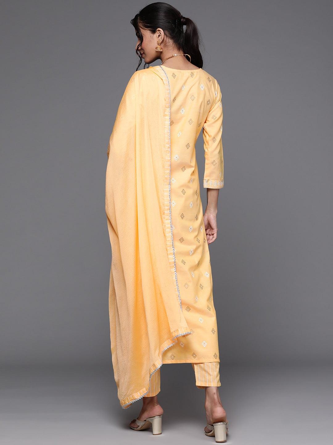 Yellow Printed Cotton Straight Kurta With Dupatta