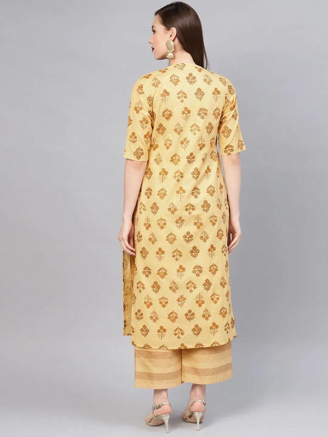 

Yellow Printed Cotton Straight Kurta With Jacket