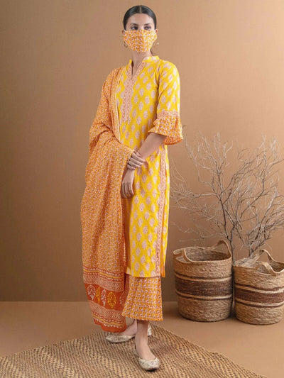 Yellow Printed Cotton Suit Set With Mask - Libas