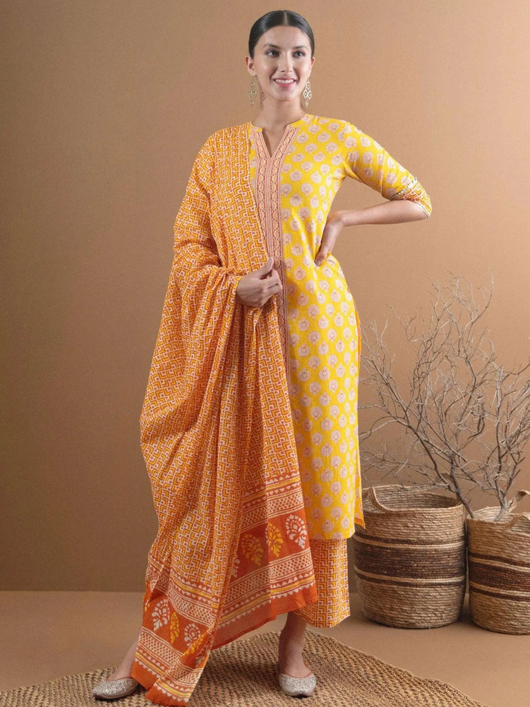 Libas Yellow Printed Cotton Straight Kurta With Palazzos & Dupatta
