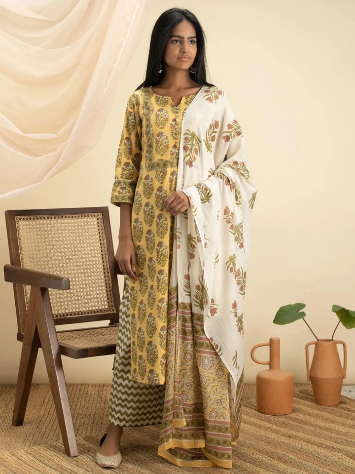 Yellow Printed Cotton Suit Set - Libas