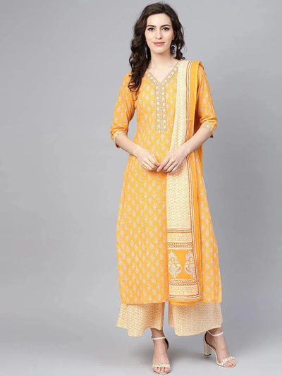 Yellow Printed Cotton Suit Set - Libas