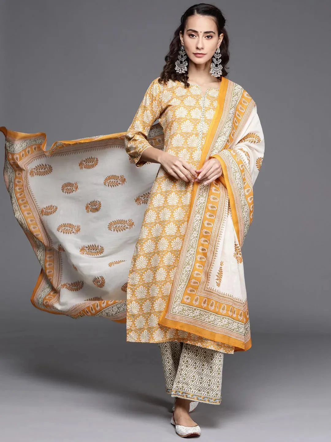 Yellow Printed Cotton Suit Set - Libas