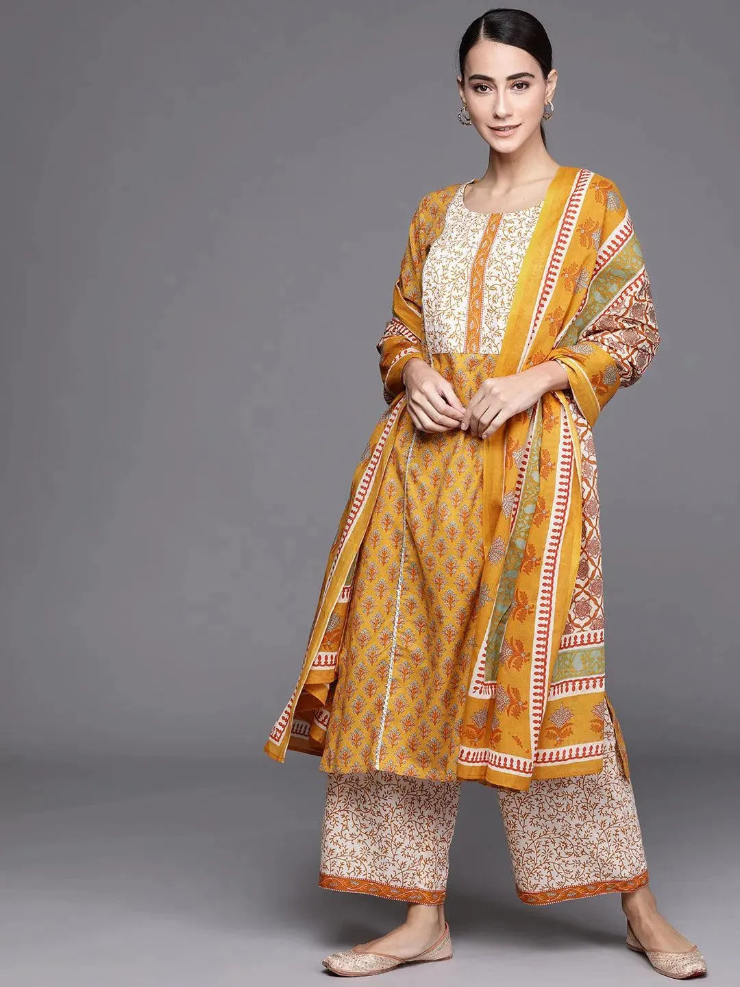 Yellow Printed Cotton Suit Set - Libas