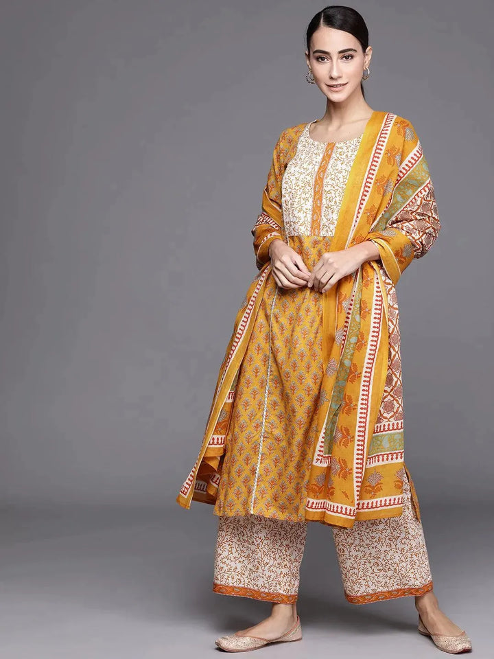 Yellow Printed Cotton Suit Set - Libas