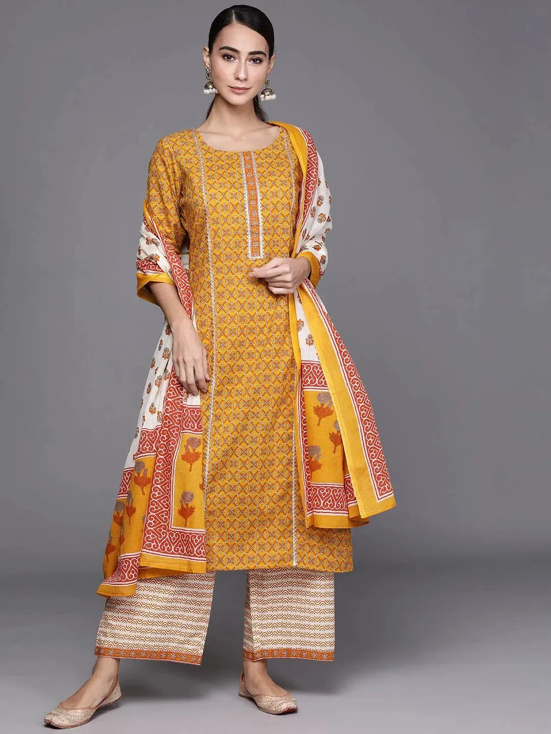 Yellow Printed Cotton Suit Set - Libas