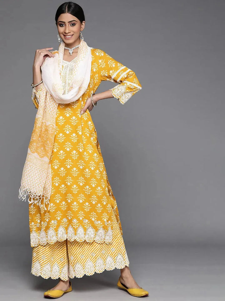 Yellow Printed Cotton Suit Set - Libas