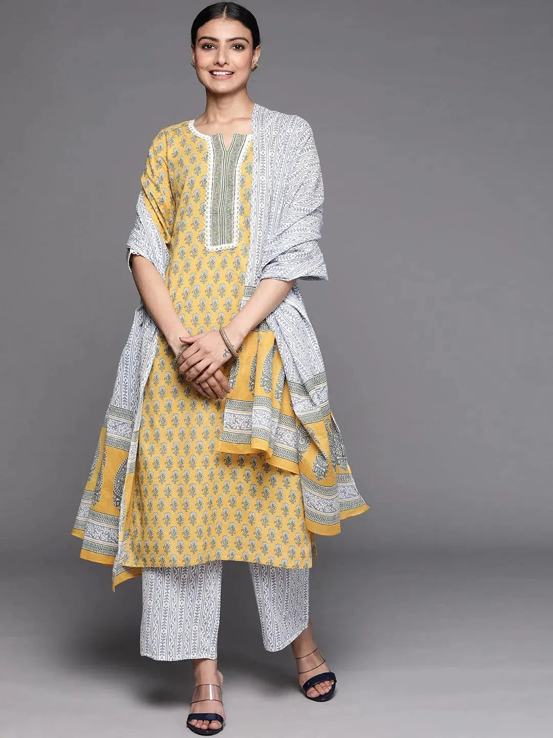 Yellow Printed Cotton Suit Set - Libas